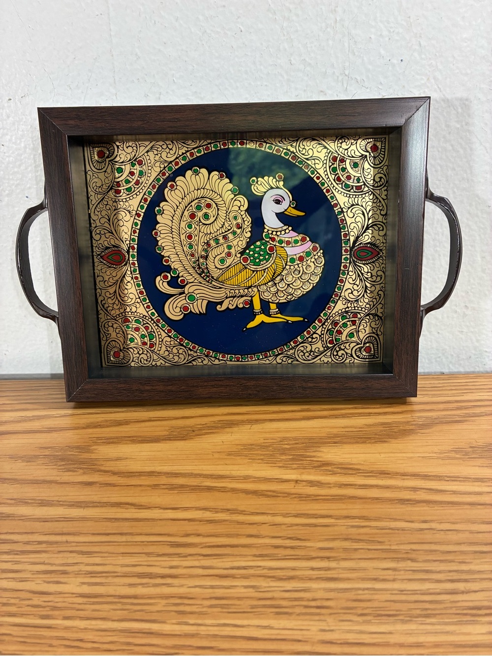 Tanjore mini tray gold foil framed peacock under acrylic